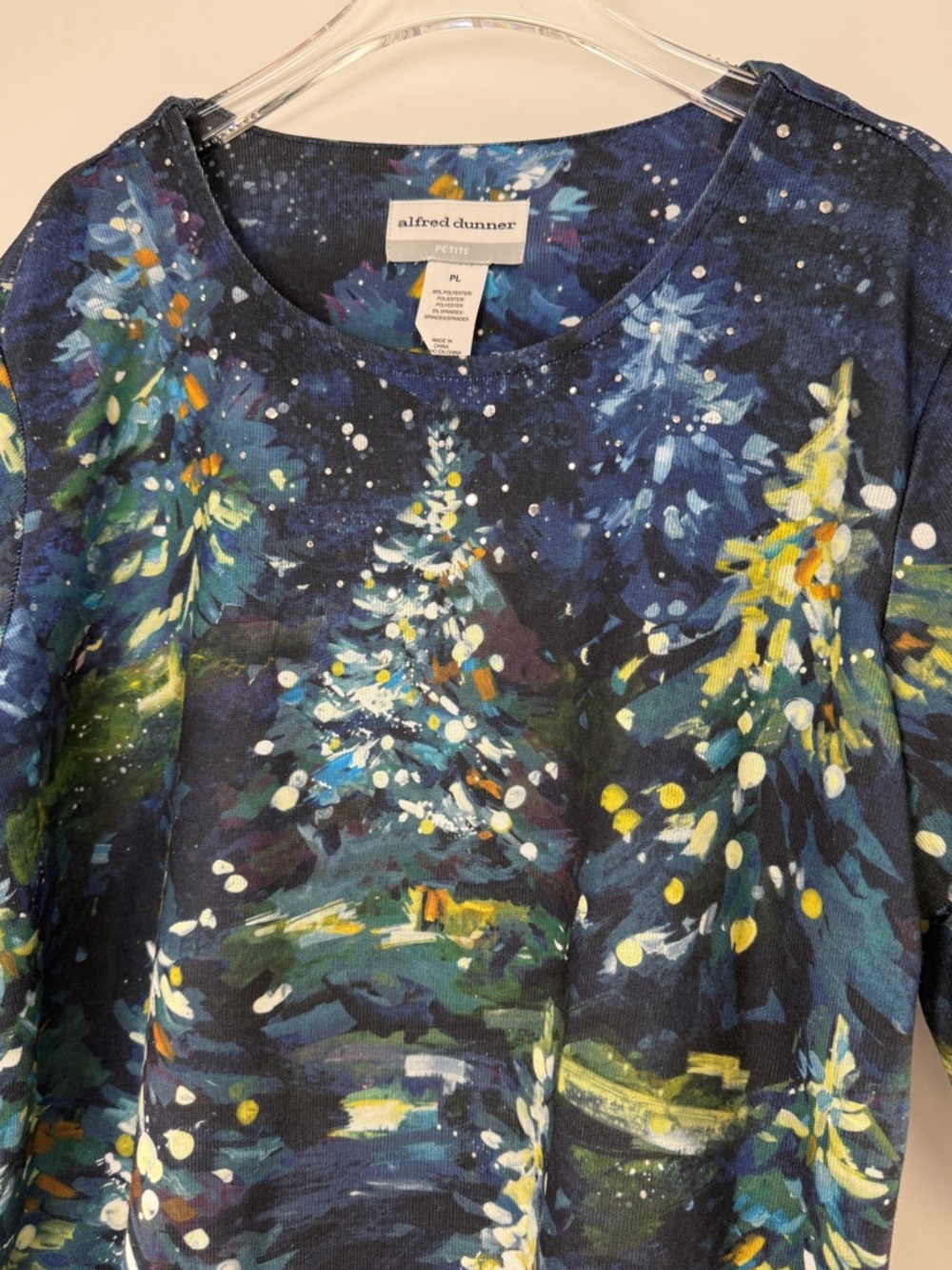 Alfred Dunner Women's Petite Starry Night Tree Top Navy/Green Size Petite Large - Picture 10 of 14